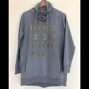 Grey long sweatshirt with fold over turtleneck